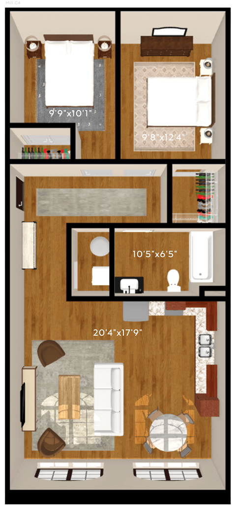 Floor plan for 2 beds, 1 bath, 962 sqft
